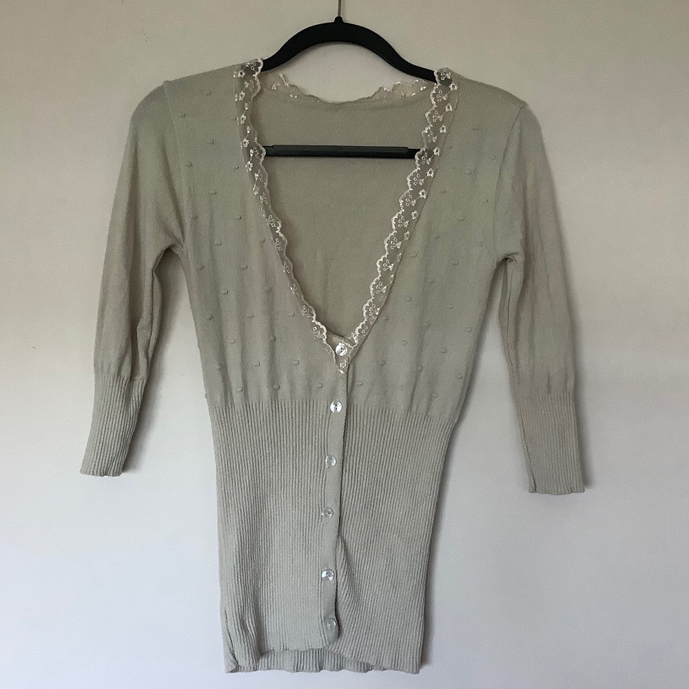 Beige Cardigan Long Sleeves with Lace Trim